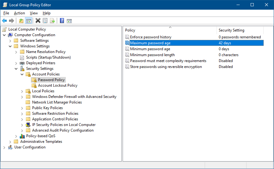 Local Group Policy Editor - Password Policy
